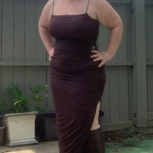 Express Body Contour Mesh Ruched Side Slit Midi Dress With Bra Cups